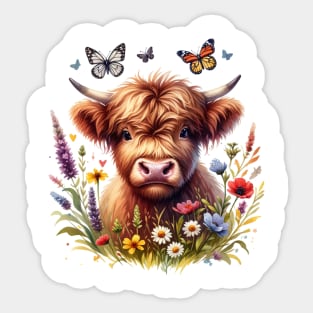 Highland Cow and Flowers Sticker